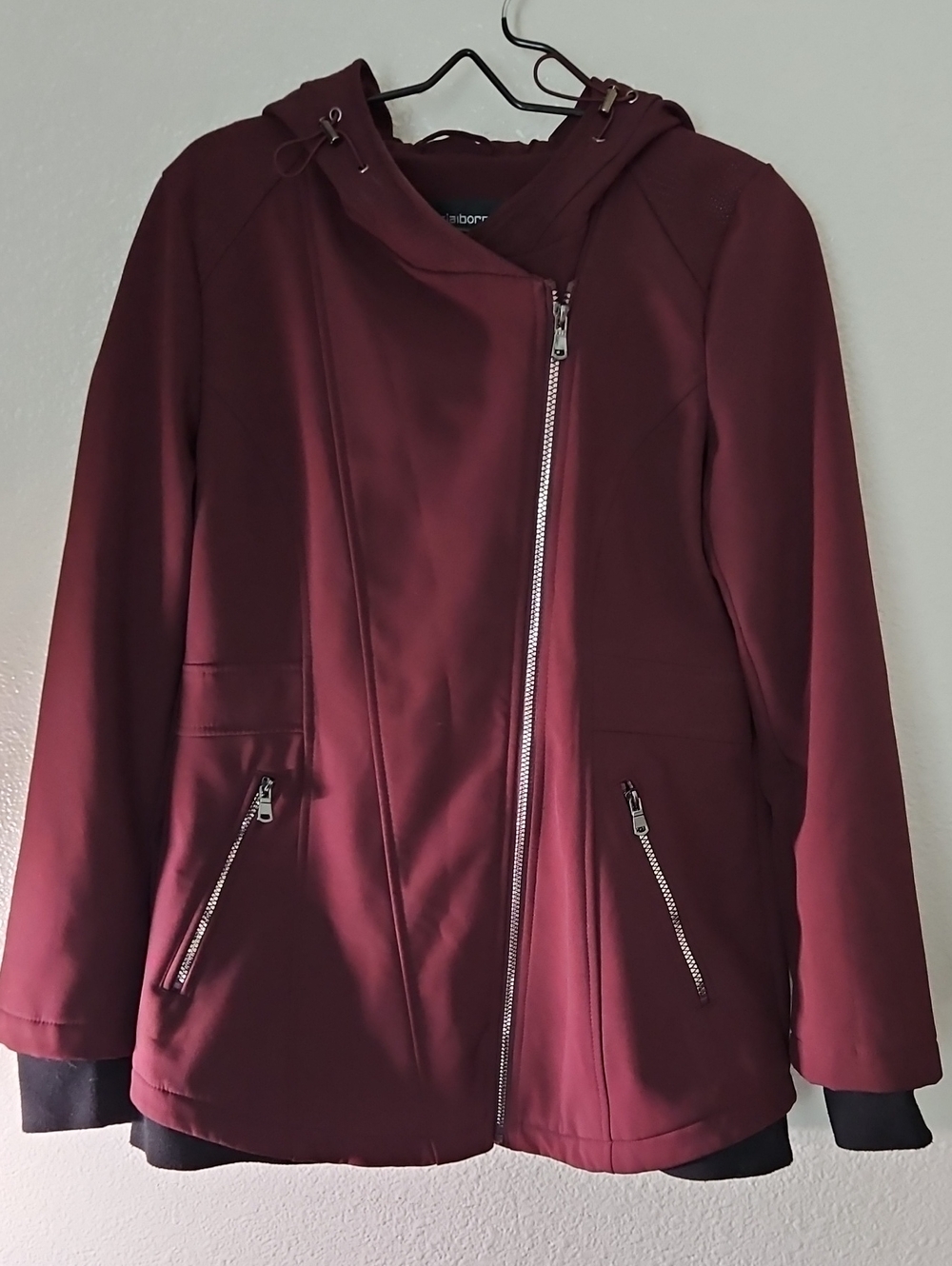 Liz Claiborne Maroon Hooded Asymmetrical Moto Softshell Jacket - Size M